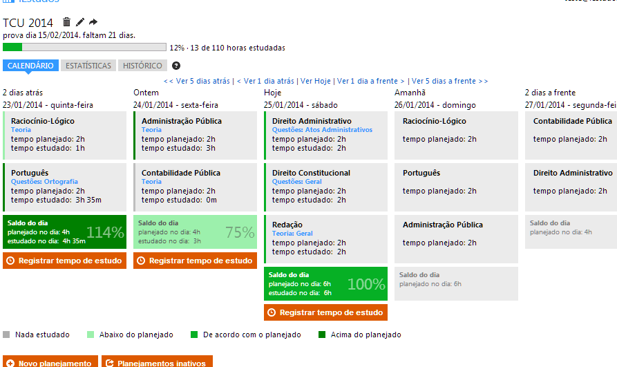 Calendario com cronograma do plano de estudos