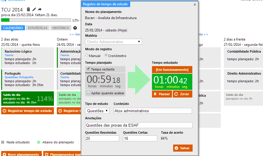 Cronômetro para registro do tempo de estudo